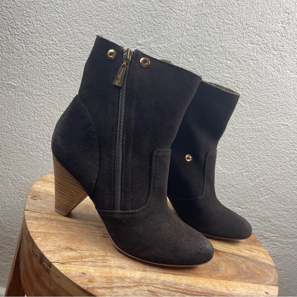 Matt Bernson l 7.5 Special Project Suede Leather Faux Fur Lined Wood Heel Bootie